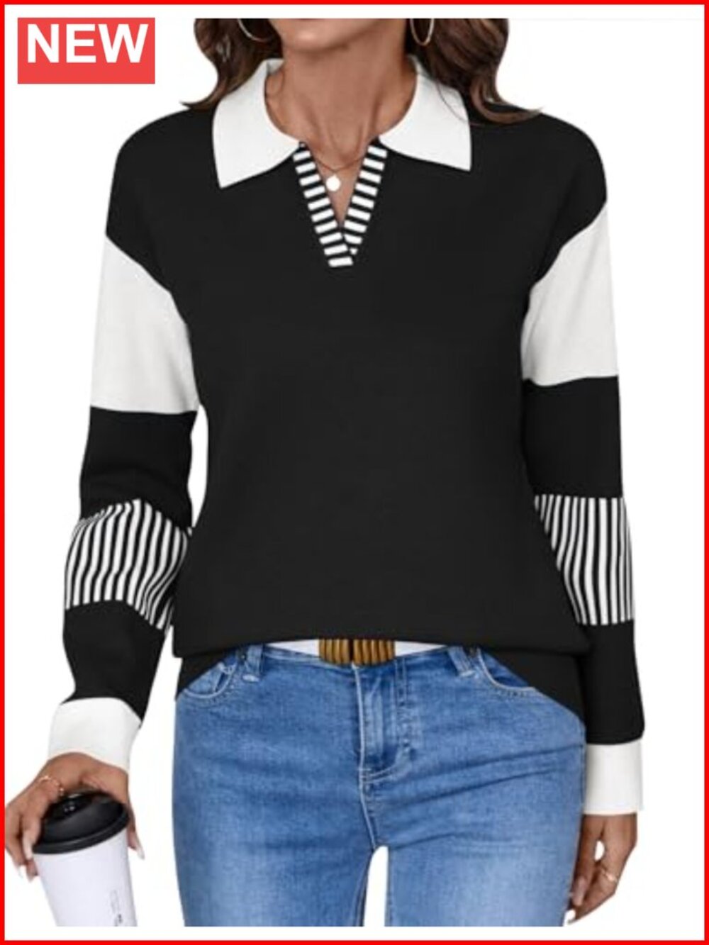 LOMON V Neck Long Sleeve Loose Knitted Pullover Sweater